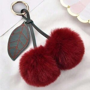 Cherry Pom Pom Bag Charm Keychain Fluffy Plush Cherries with Leather Stem leaves